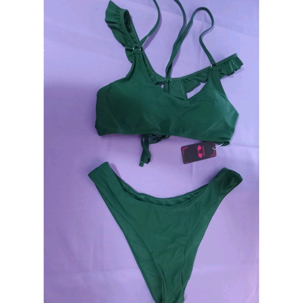 Shekini Womens Green Ruffle Lace Up Bikini Set High Cut Swimsuit Size XL NEW